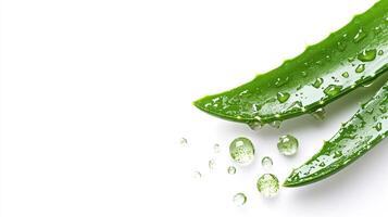 Aloe vera leaf displaying droplets of water on a white background, showcasing freshness and natural beauty in a simple composition. photo