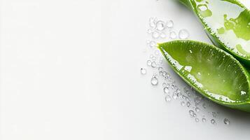 Fresh aloe vera slices with glistening drops of water on a clean white surface. It evokes health, wellness, and natural skincare. photo