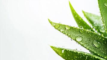 Fresh green leaves adorned with glistening water droplets, showcasing nature's beauty and purity in a refreshing, clean presentation. photo