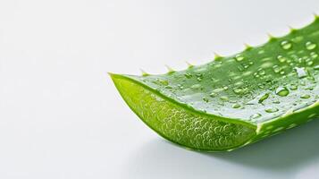 Close-up of a fresh, juicy green aloe vera leaf showing its hydrating properties with water droplets and its inner gel-like substance. photo