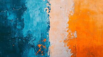 Textured wall art with vibrant blue, beige, and orange hues create a captivating abstract design with layered and distressed surface. photo