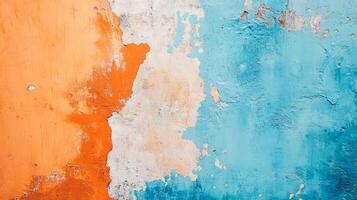 Distressed wall featuring textures, and bright colors. The wall is painted in a layered look of orange, white, and blue paint. photo