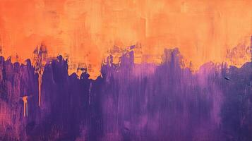 Abstract expressionism painting featuring vibrant orange and purple hues, with textured brushstrokes creating a dynamic visual experience. photo