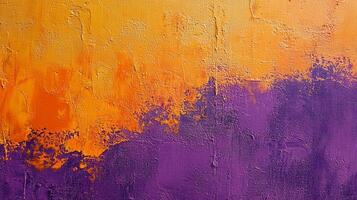 Abstract painting showcasing a vibrant transition from golden yellows and oranges to rich purples and violets with textured brushstrokes. photo