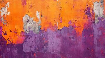 Abstract artwork featuring a textured surface with vibrant orange, purple, and white paint and peeling effect creating a visually rich design. photo