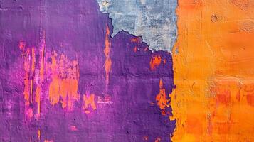 Abstract wall with peeling paint in shades of purple, orange, and gray, creating a textured and colorful background. photo