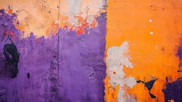 Abstract textures create a layered visual experience, showcasing a vibrant interplay between purple and orange hues on a weathered surface. photo