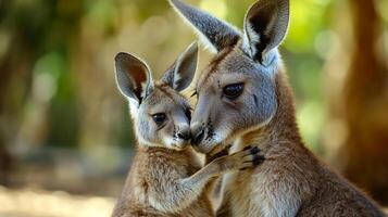 A tender moment captured between a kangaroo and its joey, showcasing a strong bond in a beautiful outdoor setting. photo