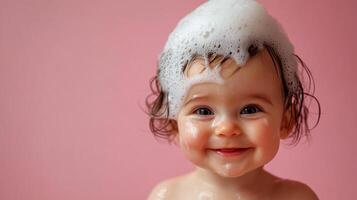 Baby with bubbly shampoo foam on head, smiling joyfully. A clean baby is a happy baby, making bath time fun and enjoyable for everyone. photo