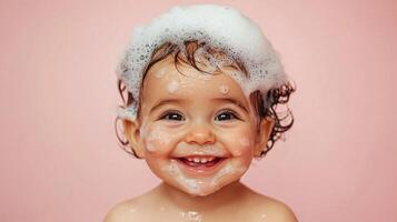 A happy baby with curly brown hair laughs at the camera while covered in fluffy white soap suds in front of a light pink background. photo