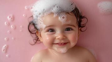 Adorable baby covered in bath bubbles, enjoying a playful bath time with a radiant smile, creating a heartwarming and delightful moment. photo