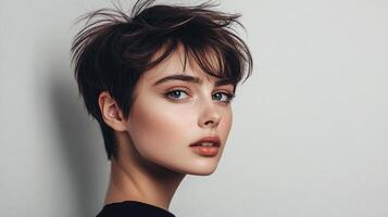 Portrait of a confident woman with a short pixie haircut and natural makeup, showcasing her striking features against a minimalist background. photo