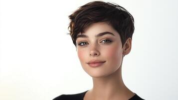 Portrait of a woman with a pixie cut hairstyle and freckles. She is against a white background and looking forward smiling. photo
