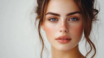 Radiant beauty shines through in this close-up shot of a young woman's face, highlighting her flawless complexion and captivating blue eyes. photo