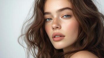 Close-up of a gorgeous woman with striking features, freckles, and wavy hair, showcasing natural beauty and effortless style. photo