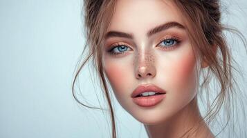 Close-up portrait of a fair-skinned woman with blue eyes, freckles, and soft makeup against a light backdrop, highlighting natural beauty. photo