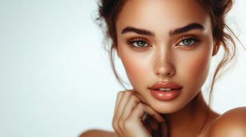 Close-up portrait of a woman with beautiful glowing skin, defined eyebrows, and lush lashes against a plain background. photo