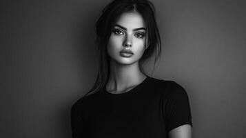 Monochrome portrait of a woman with striking features in a simple setting, highlighting her natural beauty and elegant posture. photo