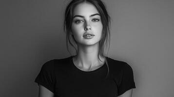 Monochrome portrait of a captivating woman with neutral expression, highlighting natural beauty and timeless elegance in a minimalist style. photo