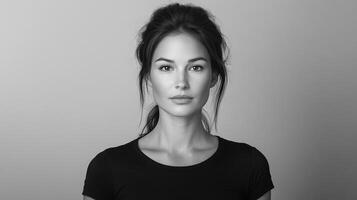 Striking black and white portrait of a young woman with captivating eyes and a gentle expression. Captured in a studio setting. photo