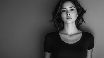 Monochrome portrait of a beautiful woman with shoulder-length hair, captured with dramatic lighting and a minimalist aesthetic. photo