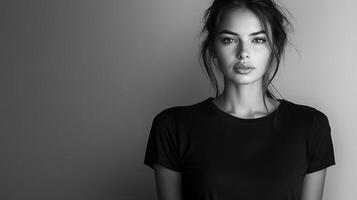 Monochrome portrait of a beautiful woman with captivating eyes and a simple black shirt, radiating natural elegance and minimalist style. photo
