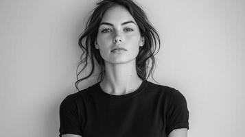 Monochrome portrait of a young woman with wavy hair. Her gaze is direct and her expression is serene against a plain background. photo