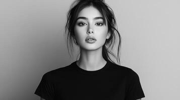 Striking black and white portrait of a young woman with captivating gaze and refined features. Simple elegance in grayscale. photo