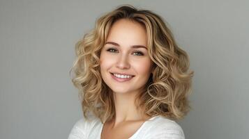 A radiant woman with curly blonde hair smiles warmly, showcasing a natural and healthy complexion against a simple grey backdrop. photo