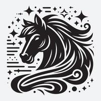 This stylized, black and white graphic features a horse's head in profile view. vector