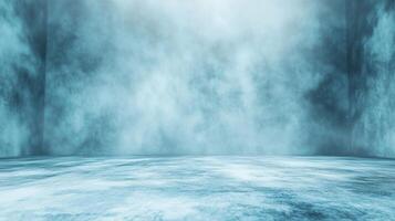 Abstract bluish space filled with mist. The walls and floor are covered with frosty abstract shapes. Dreamy and mysterious atmosphere. photo