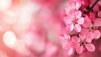 Delicate pink blossoms dance on a branch, painting a dreamy spring scene. Soft light enhances their fragile beauty in a serene display. photo