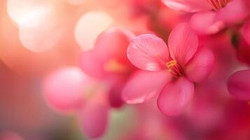 Vibrant pink flowers bloom, bathed in soft sunlight, creating a dreamy, romantic floral composition. photo