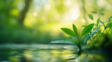 Verdant leaves emerge from serene waters, reflecting light in a tranquil nature scene, symbolizing growth and peace. photo
