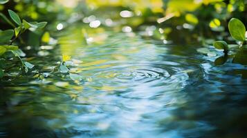 Ripples in blue-green water create a calming and reflective scene, evoking nature's serenity. Leaves add to the tranquil ambience. photo