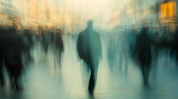 Abstract street scene captures a blurred figure walking amidst a crowd, symbolizing urban anonymity and the transient nature of city life. photo