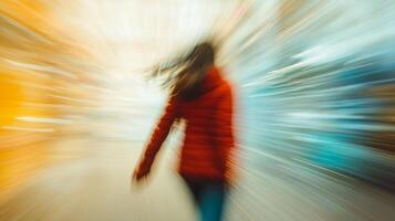 Blurred figure in motion, a dynamic portrayal of speed and abstract movement, capturing a sense of urgency. The vibrant colors add to the effect. photo