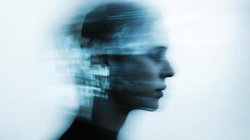 Surreal portrait of a woman with an abstract, blurred effect, evoking mystery and inner reflection with soft blue tones. photo