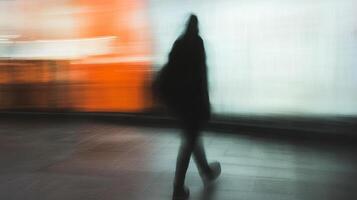 Motion blurred figure walking past a colorful background, giving an impression of pace and transience in an urban landscape. photo