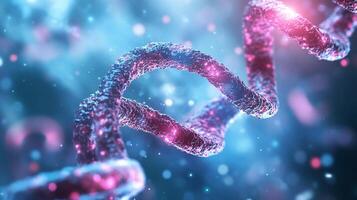 Abstract visualization of a textured, spiraling molecular structure with purple highlights against a softly lit blue background. photo