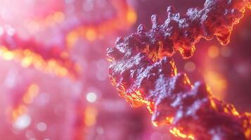 Close-up of a microscopic strand with textured surface, illuminated with warm light, set against a blurred, glowing backdrop. photo