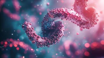 Detailed visualization of genetic code. A red spiral strand stands out with its intricate structure against a blue background. photo