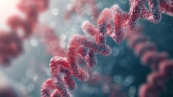 Illustration of a helical structure, possibly representing DNA or a virus, with a reddish-pink hue against a blurry blue background. photo