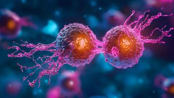 Cell division under microscope. Two cells are joining to form a new one, represented in a abstract way. Medical subject. photo