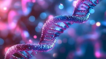 A vibrant, close-up visualization of a deoxyribonucleic acid double helix against a bokeh background, colored in shades of pink and blue. photo