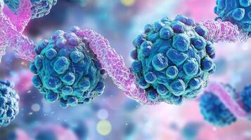 Detailed scientific rendering displaying virus structure with a double helix formation against a soft, blurred backdrop. Medical illustration. photo