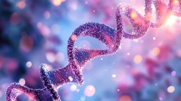 Detailed rendering of a double helix DNA strand set against a bokeh background, symbolizing scientific research and genetic innovation. photo