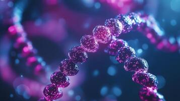 Chain of spherical structures with a textured surface, illuminated with vibrant pink and blue lights, set against a blurred background. photo