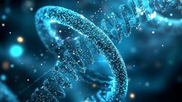 A mesmerizing, glowing double helix structure shimmers against a deep blue backdrop, showcasing a futuristic take on science and innovation. photo