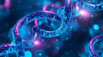 An abstract macro shot showcases a metal chain bathed in a vibrant array of pink and blue light, creating a surreal and mesmerizing effect. photo